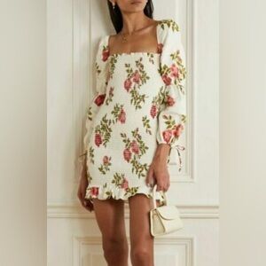 Reformation Hilary Linen Cream and Green Floral Mini Dress size small NWOT